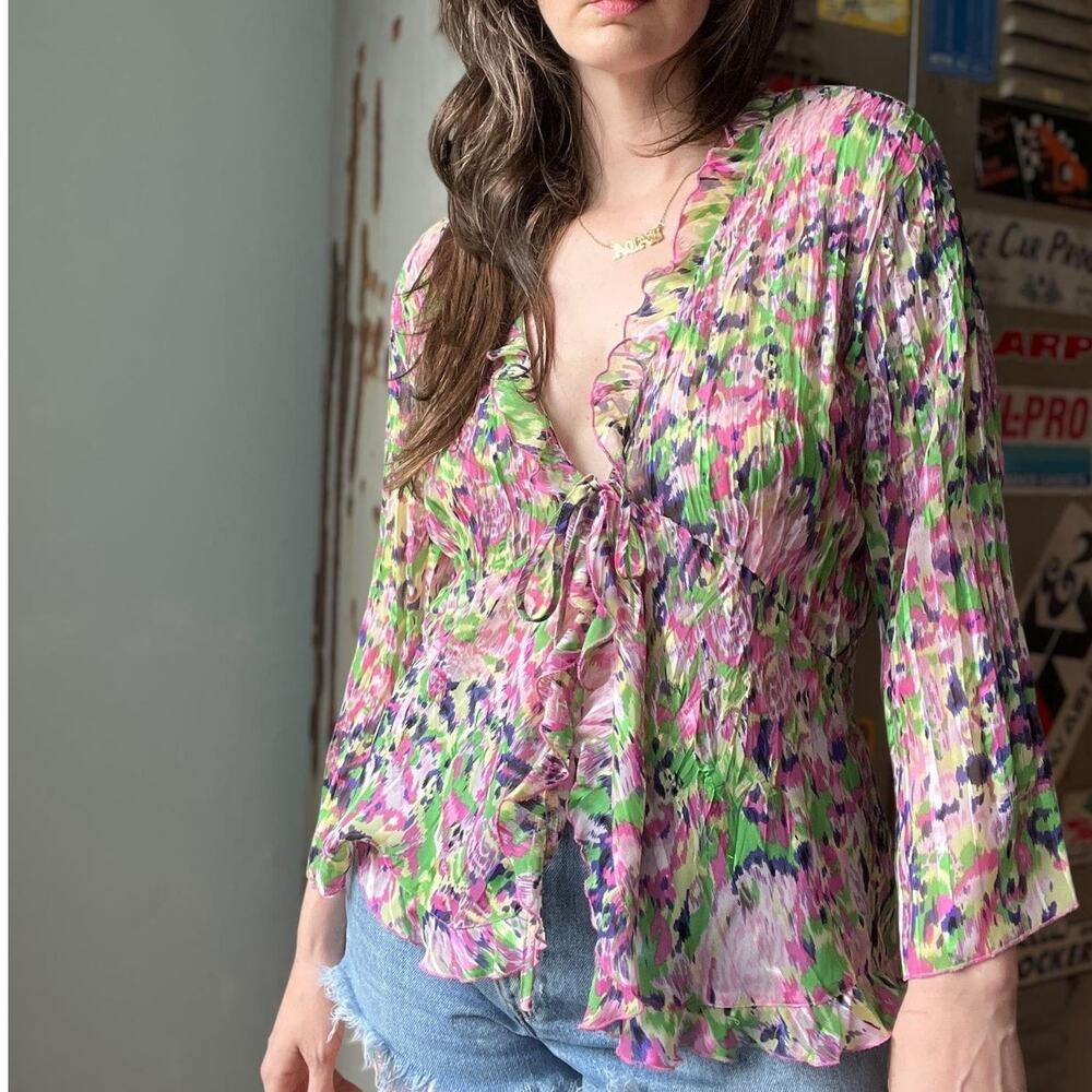 Vintage Y2K Sheer Tie-Front Mesh Top | Bell Sleeve | Fairycore Indie Sleaze | M